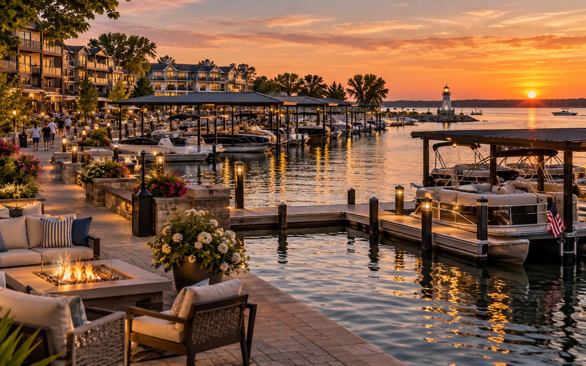 Marina boardwalk with pontoon boats and lighthouse at sunset in Wahpeton, Iowa on West Lake Okoboji
