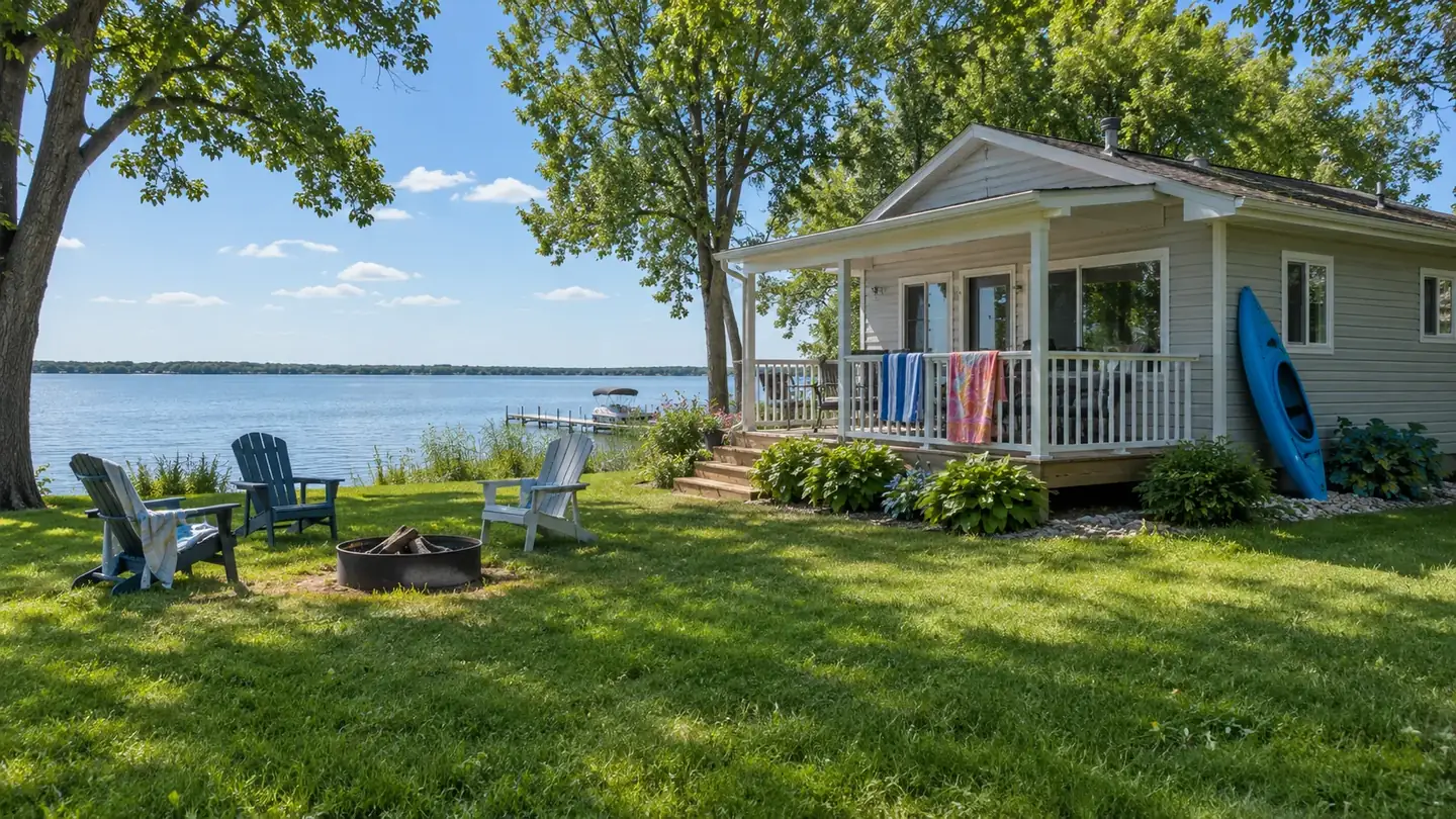 Small lake cottage with a covered porch, Adirondack chairs and a kayak on an Okoboji, Iowa shoreline