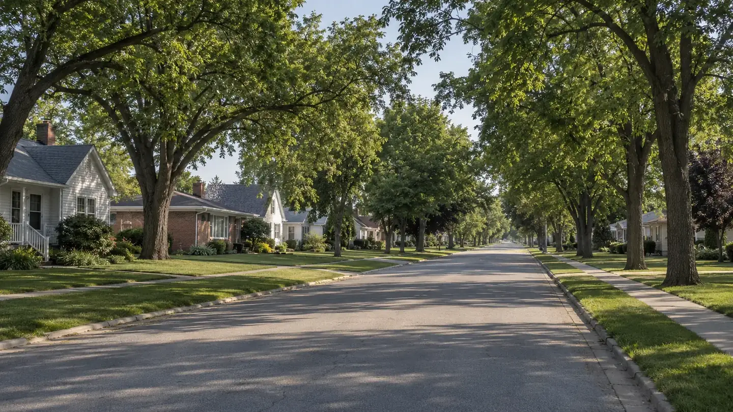 A residential street of established homes with mature trees, typical of the year-round towns of the Iowa Great Lakes