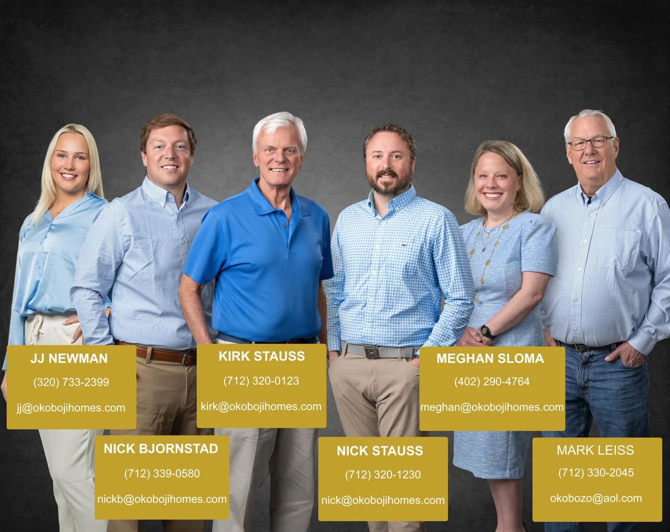 The Stauss Realty team in Okoboji, Iowa: JJ Newman, Nick Bjornstad, Kirk Stauss, Nick Stauss, Meghan Sloma and Mark Leiss, with their phone numbers and emails